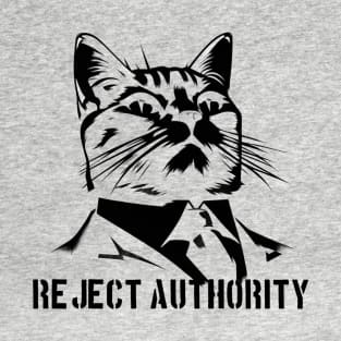 Reject Authority Cat (Black Pattern and Text) T-Shirt